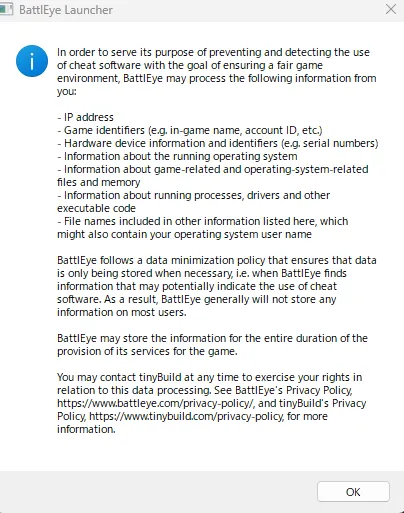 BattlEye Launcher のデータ処理説明ダイアログ